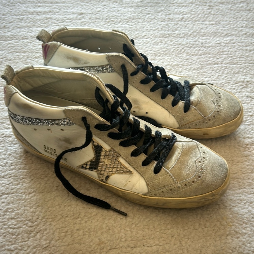 Golden Goose white leather and suede with silver sparkles and star logo
